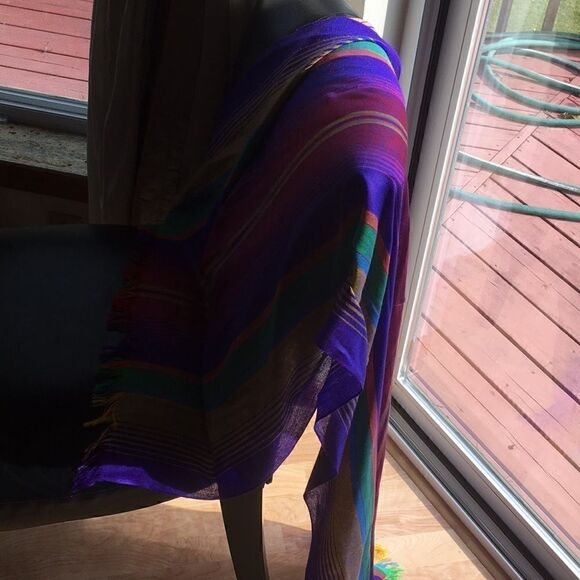 Vintage Southwest hand made Shawl Scarf rainbow colors stripes pattern Mint - Picture 6 of 8